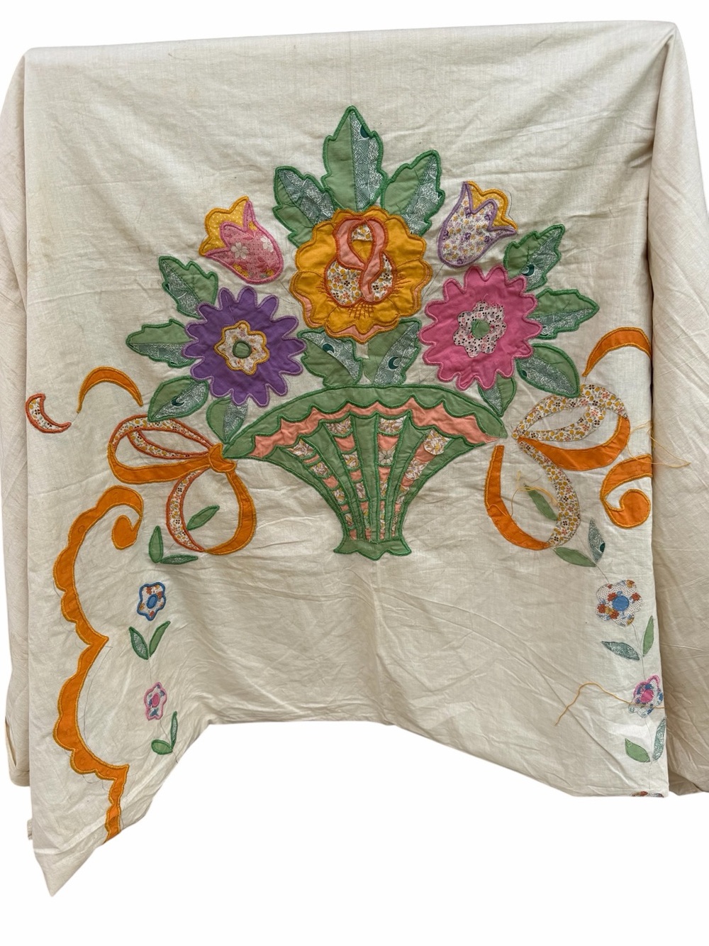Vintage Flower Basket Embroidered Appliqué Quilt Top Unfinished READ 80x105